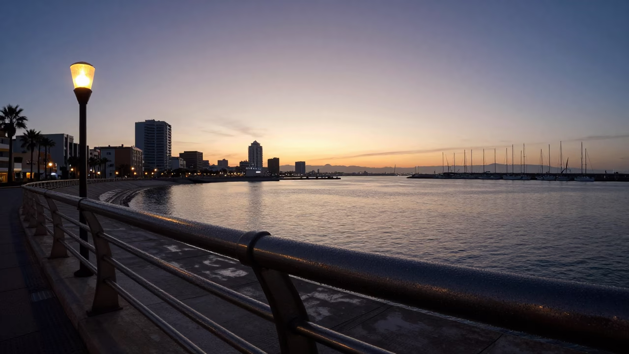 Nautical Dawn Light on Valencia Port Railings with Condensation and Early Morning Calm in in Valencia, Spain