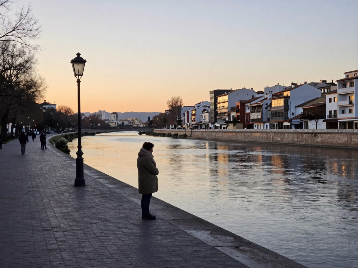 Nautical Dawn Light on Valencia's Turia Riverbank with Scarf and Seed Trays in in Valencia, Spain