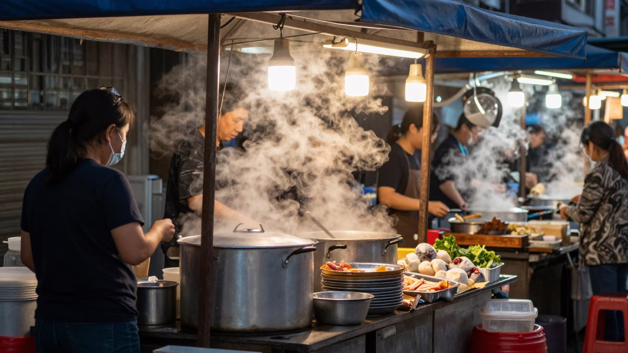 Nautical Dawn Light on Vendor Stall in Taipei in in Taipei, Taiwan