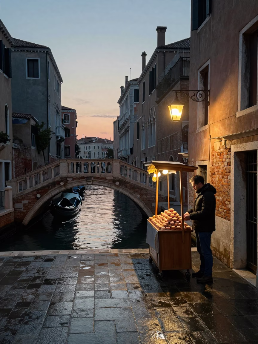 Nautical Dawn Light on Venice Canal Bridge with Macarons and Local Morning Routine in in Venice, Italy