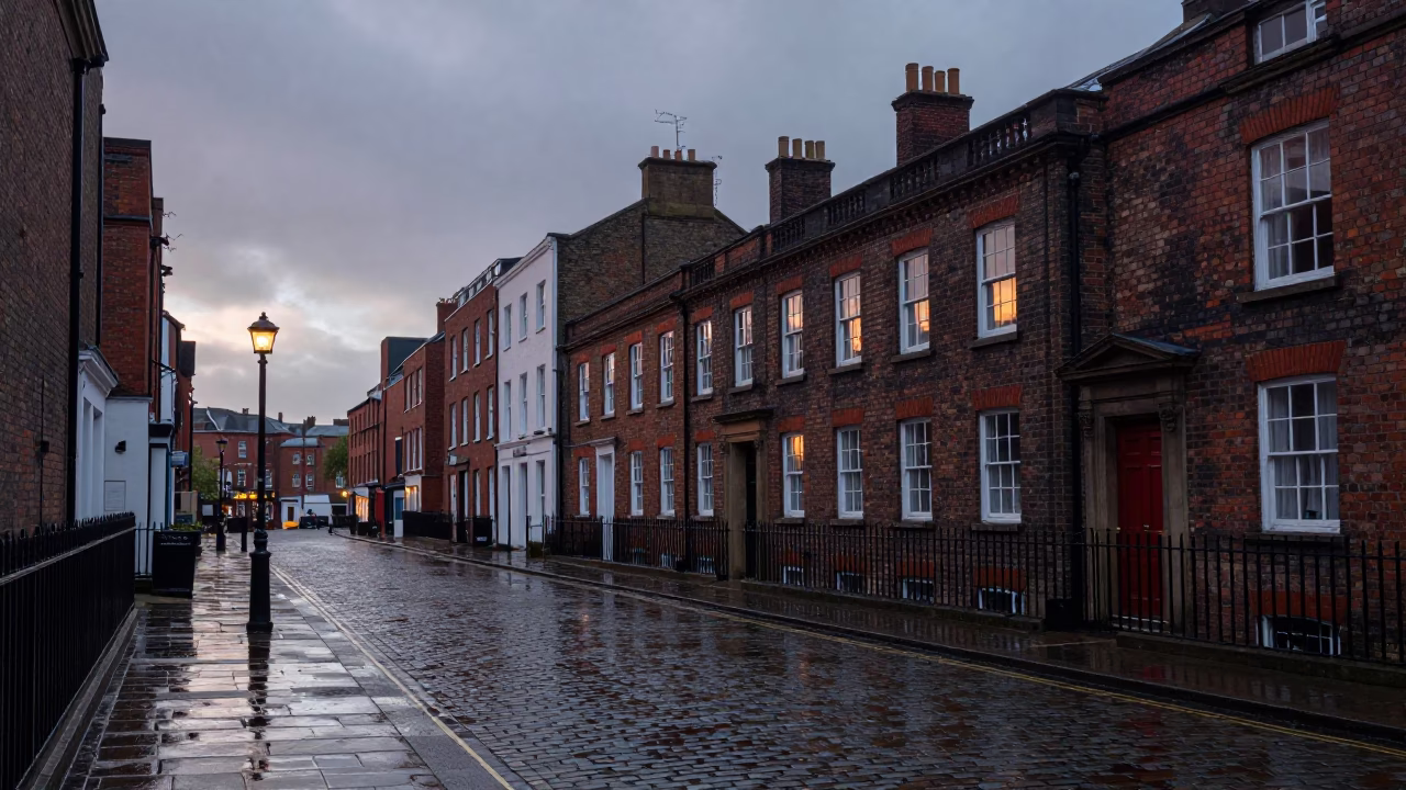 Nautical Dawn Light on Victorian Brickwork and Wet Liverpool Street Paving in in Liverpool, United Kingdom