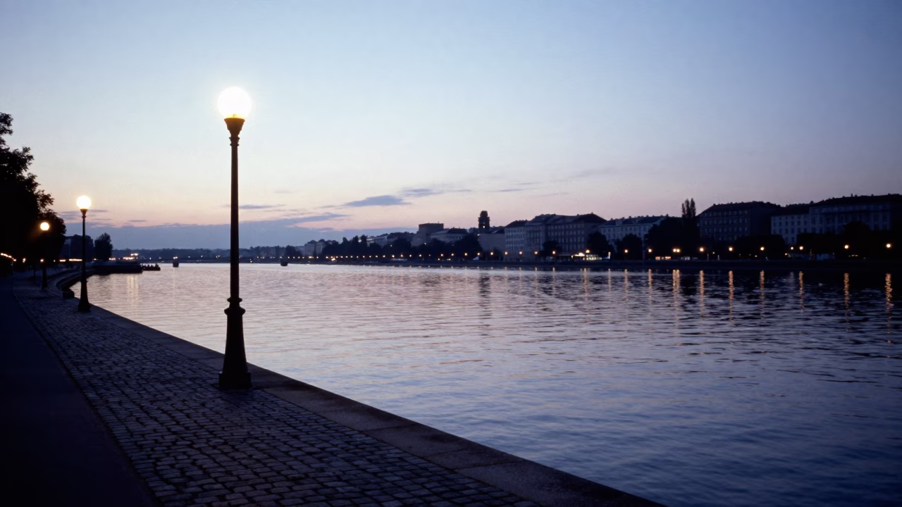 Nautical Dawn Light on Vienna Ring Canal Water and Stone Embankment in in Vienna, Austria