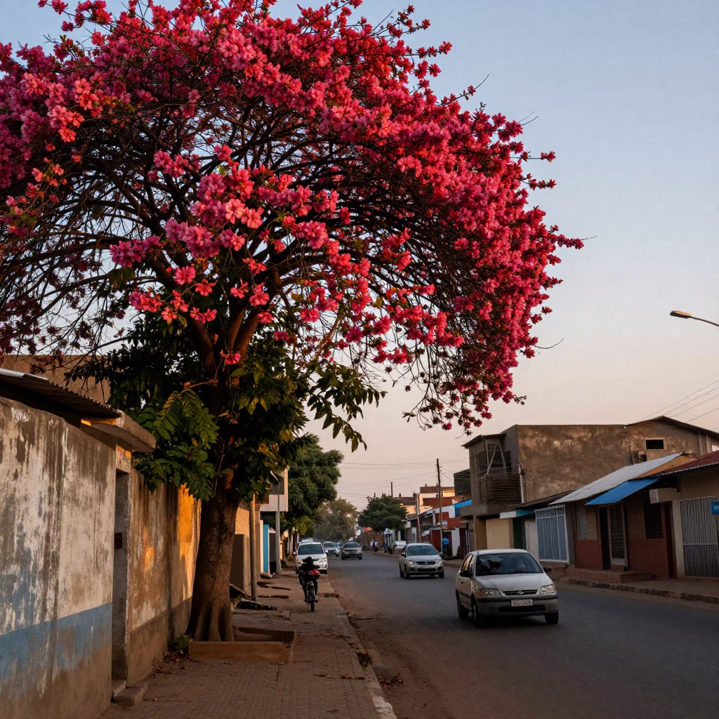 Nautical Dawn Light Over Accra Ghana Street Scene with Flowering Plant in in Accra, Ghana