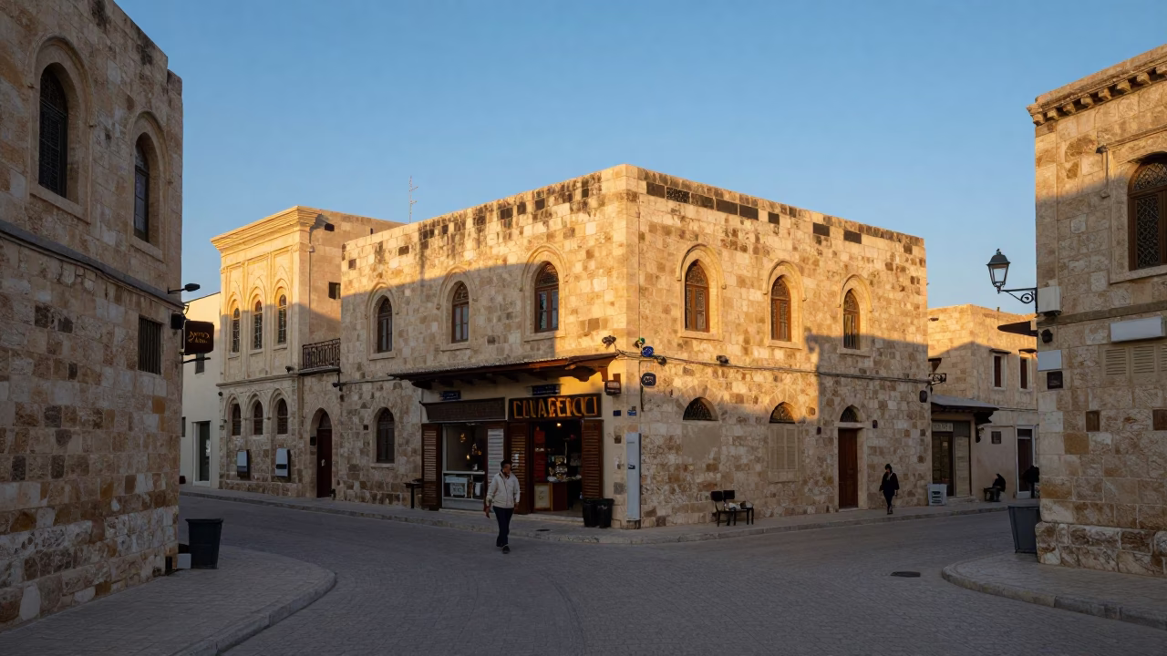 Nautical Dawn Light Over Amman Jordan Stone Architecture and Quiet Street Life in in Amman, Jordan