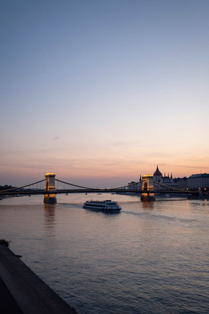 Nautical Dawn Light Over Budapest Danube River with Chain Bridge and Ferry Crossing in in Budapest, Hungary