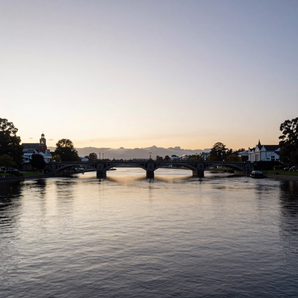 Nautical Dawn Light Over Christchurch Avon River and Historic Stone Bridges in in Christchurch, New Zealand