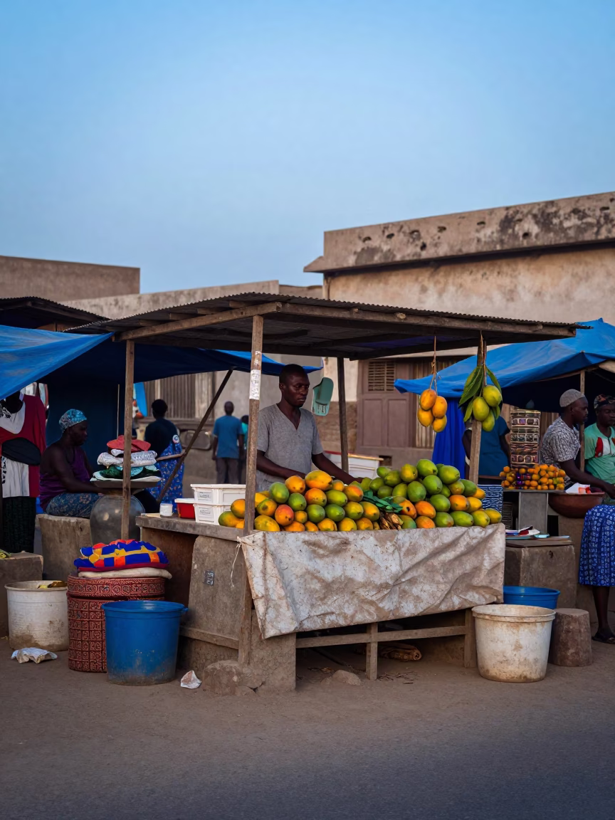 Nautical Dawn Light Over Dakar Street Market With Mangoes And Local Commerce in in Dakar, Senegal