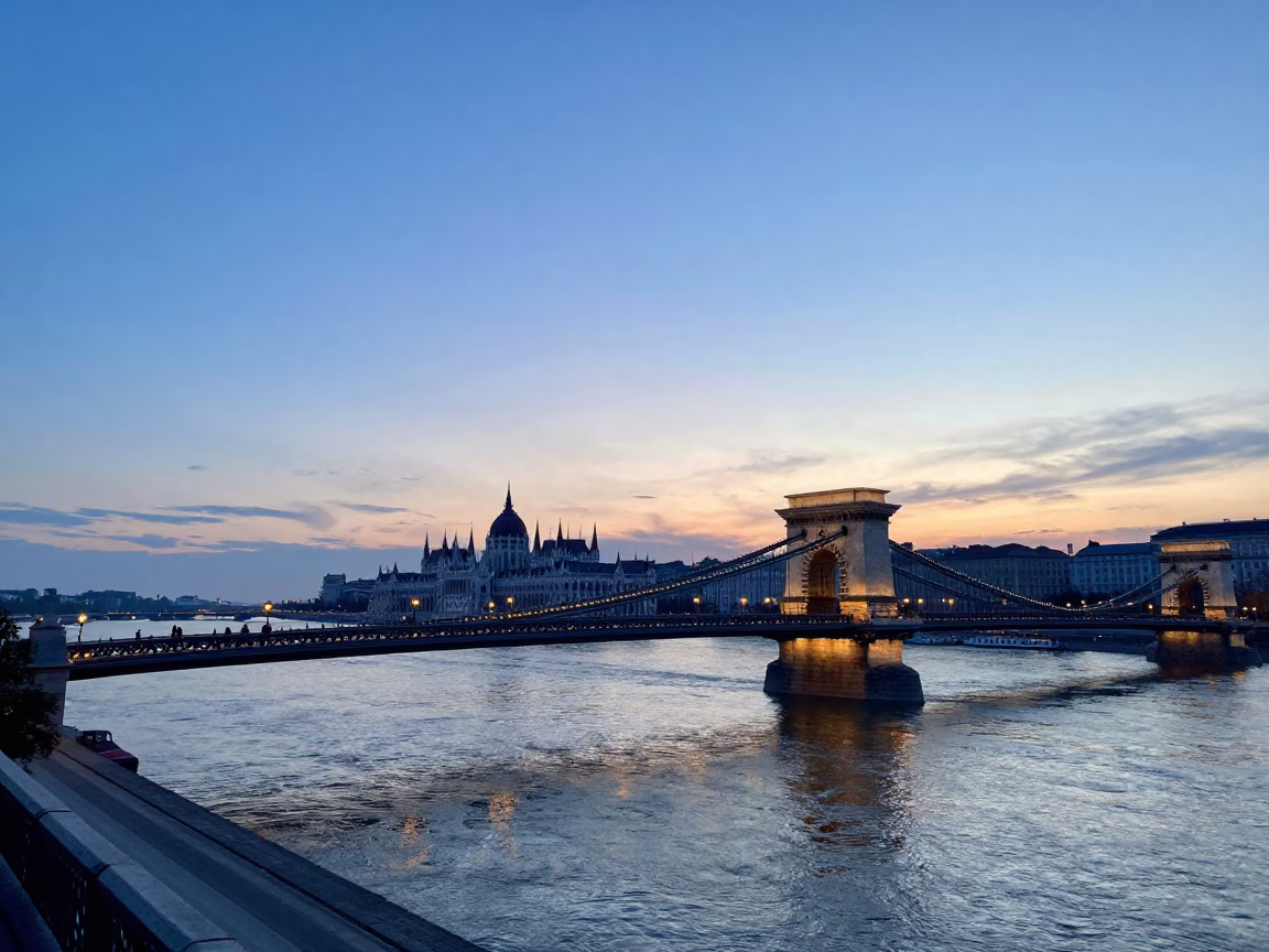 Nautical Dawn Light Over Danube River and Chain Bridge in Budapest Hungary in in Budapest, Hungary