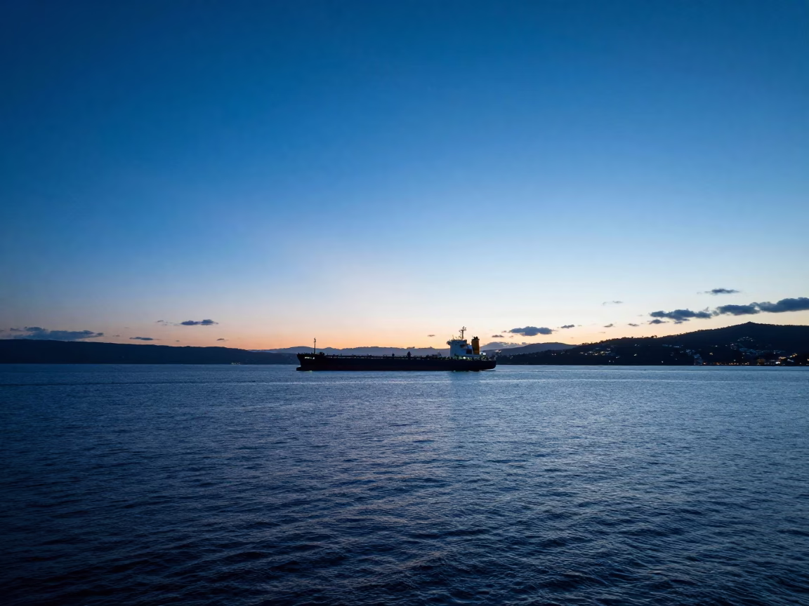 Nautical Dawn Light Over Hobart Waterfront with Cargo Ship on Horizon in in Hobart, Tasmania, Australia