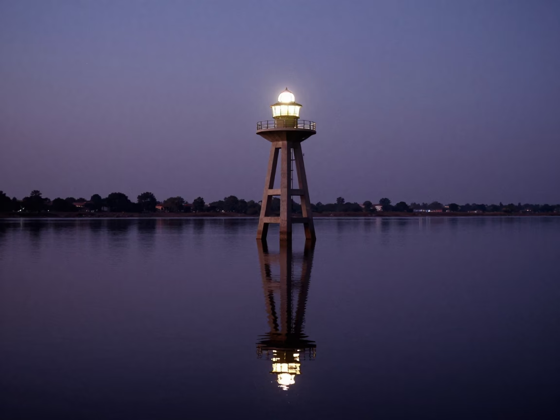Nautical Dawn Light Over Hyderabad Reservoir Intake Tower and Still Water Reflections in in Hyderabad, India