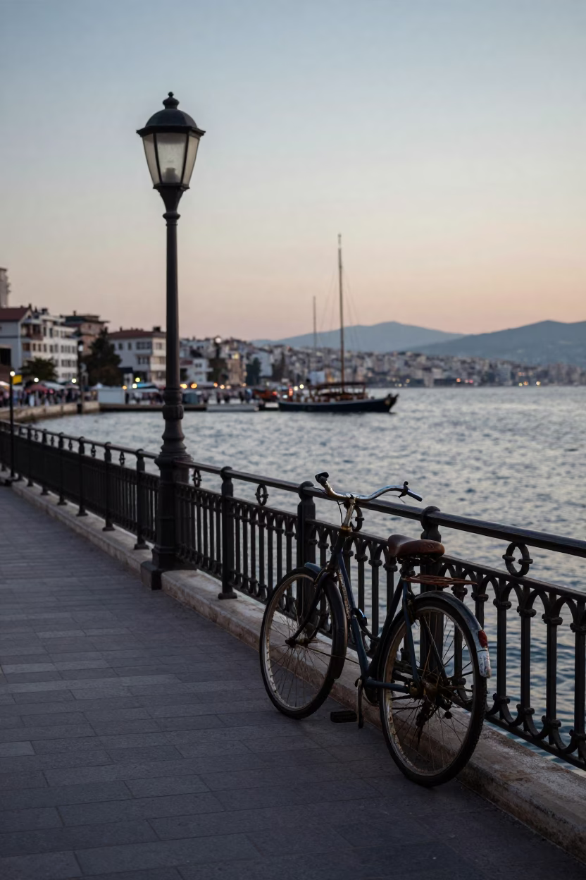 Nautical Dawn Light Over Izmir Kordon Promenade with Vintage Street Scene in in Izmir, Turkey