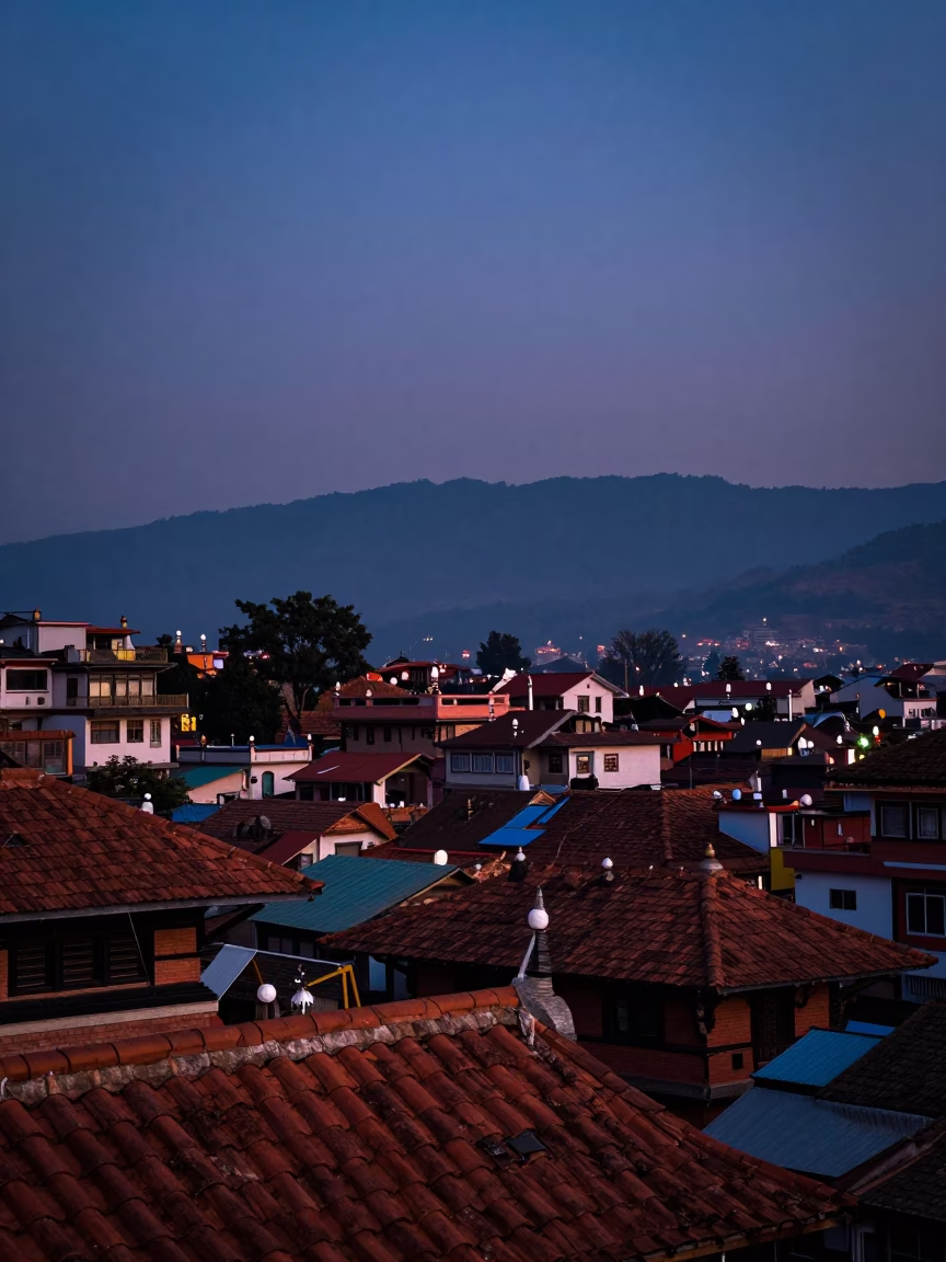 Nautical Dawn Light Over Kathmandu Valley Rooftops and Distant Himalayan Peaks in Nepal in in Kathmandu, Nepal