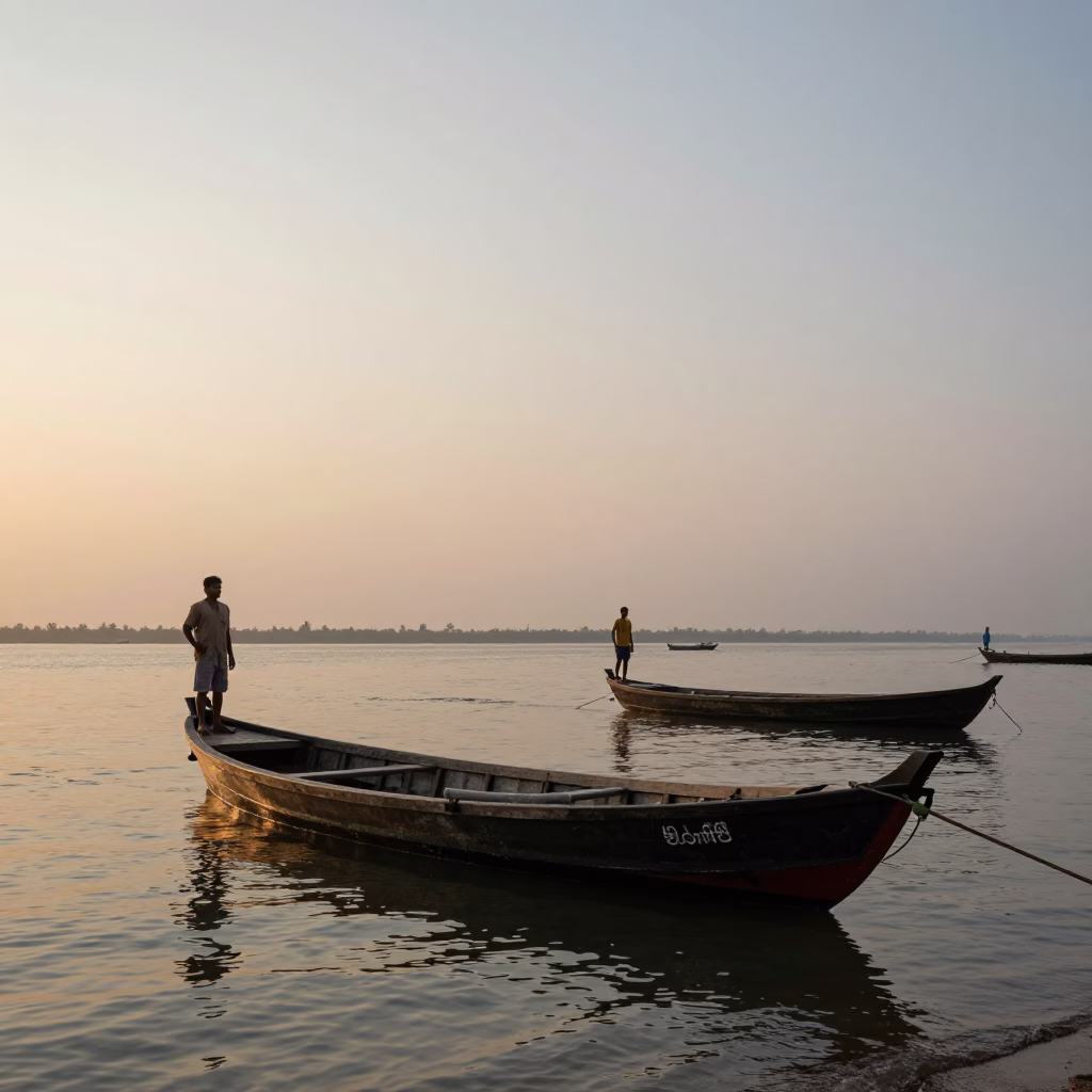 Nautical Dawn Light Over Kochi Backwaters with Fishermen and Traditional Boats in 1950s India in in Kochi, India