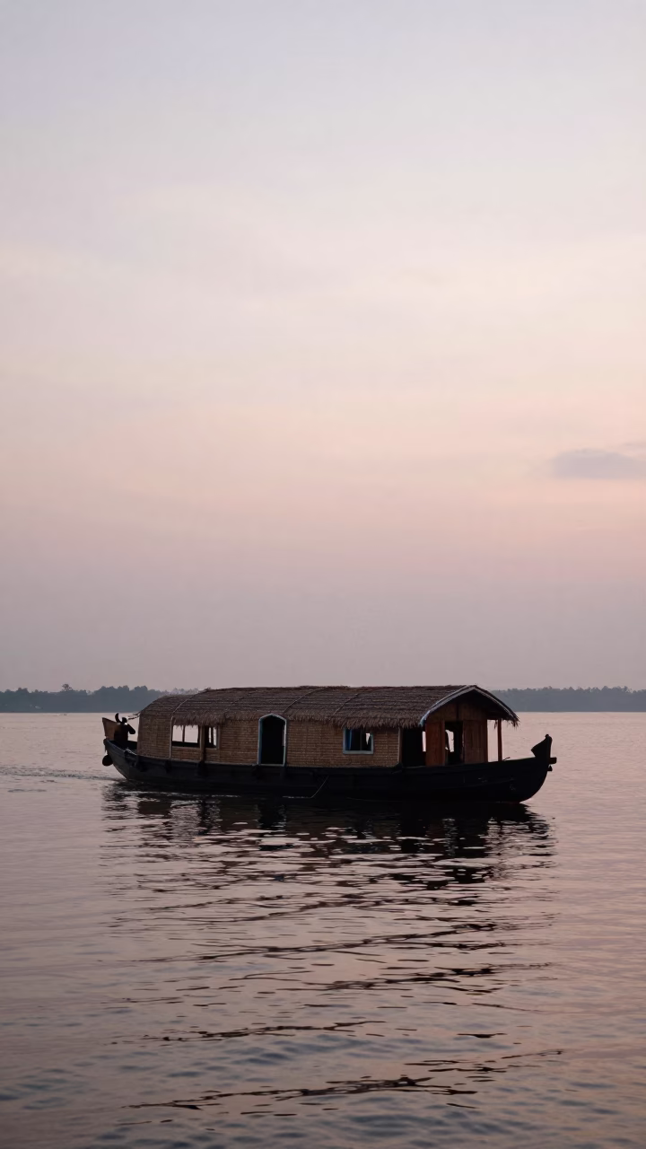Nautical Dawn Light Over Kochi Backwaters With Traditional Houseboat and Fishing Nets in in Kochi, India