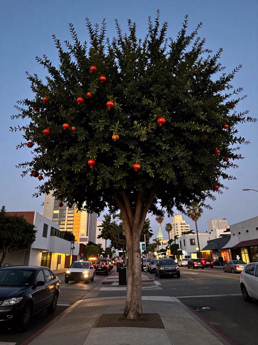 Nautical Dawn Light Over Los Angeles Pomegranate Tree with Split Fruit in in Los Angeles, California, United States