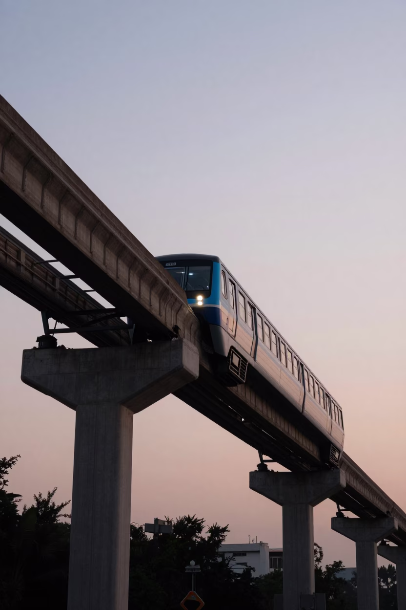 Nautical Dawn Light Over Mexico City Metro Line 1 Monorail and River in in Mexico City, Mexico
