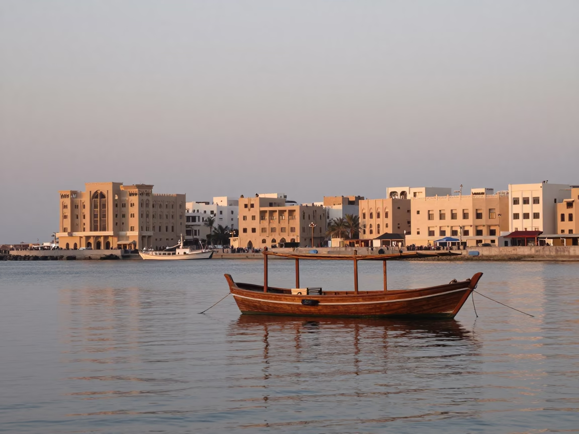Nautical Dawn Light Over Muscat Oman Coastal Harbor Scene with Local Activity in in Muscat, Oman