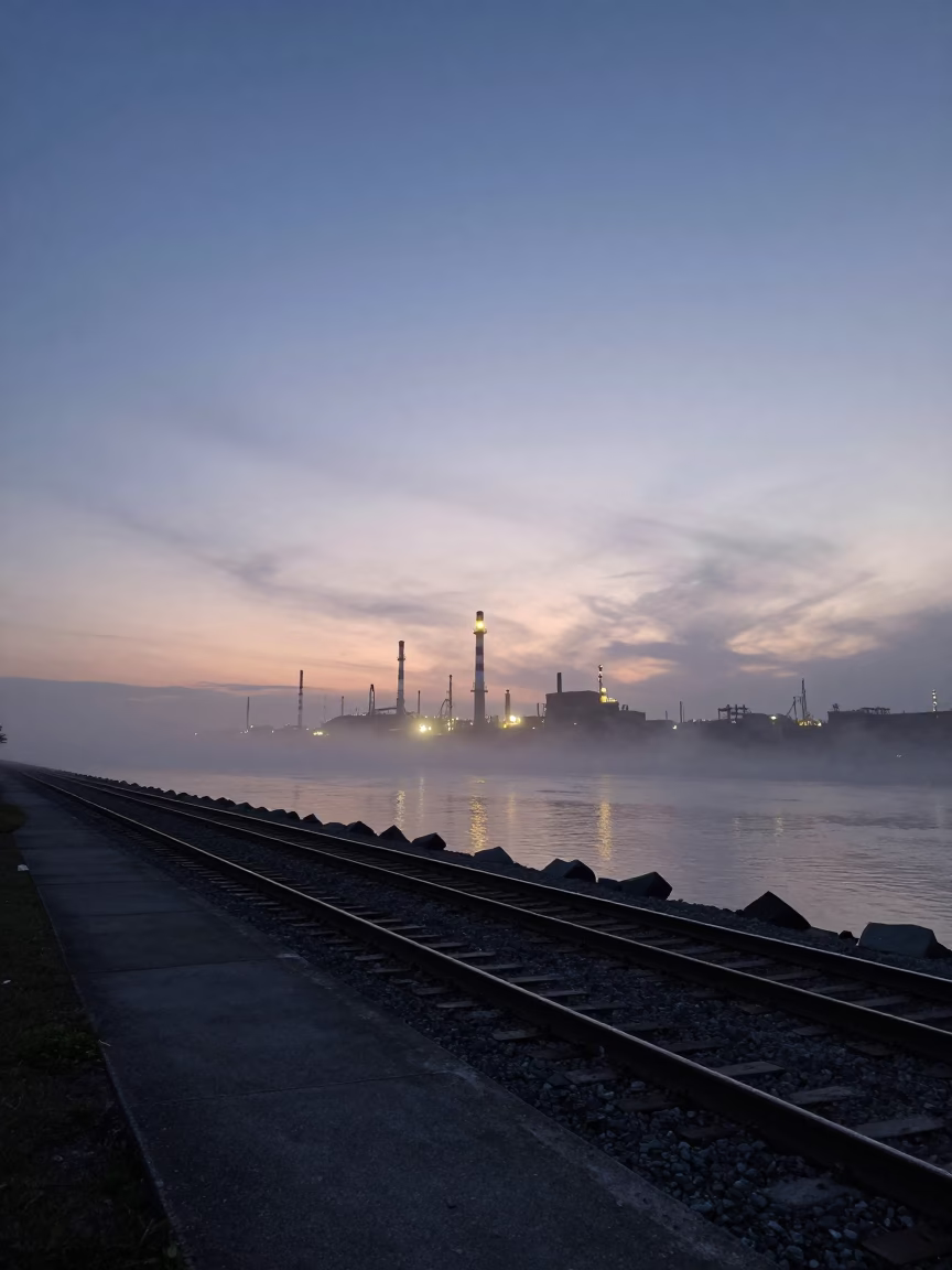 Nautical Dawn Light Over New Orleans Industrial Rail Lines and Harbor Fog in in New Orleans, Louisiana, United States