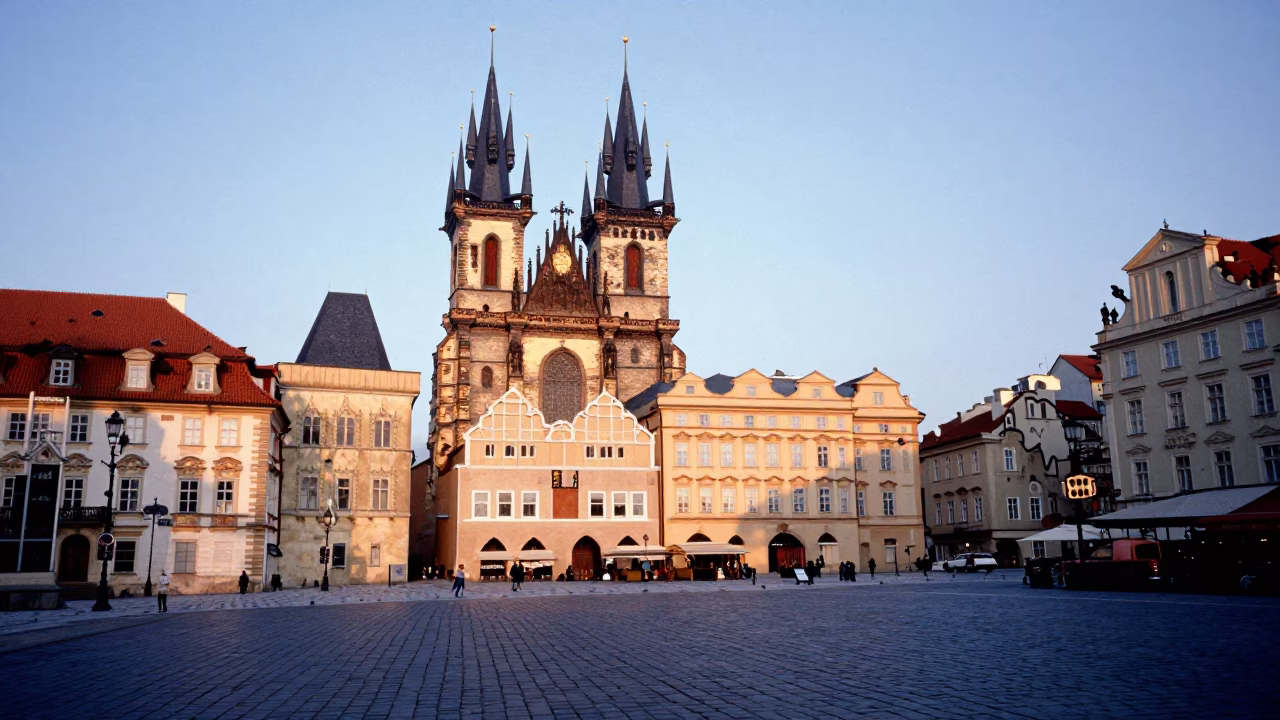 Nautical Dawn Light Over Prague Old Town Square Cobblestones and Gothic Architecture in in Prague, Czech Republic
