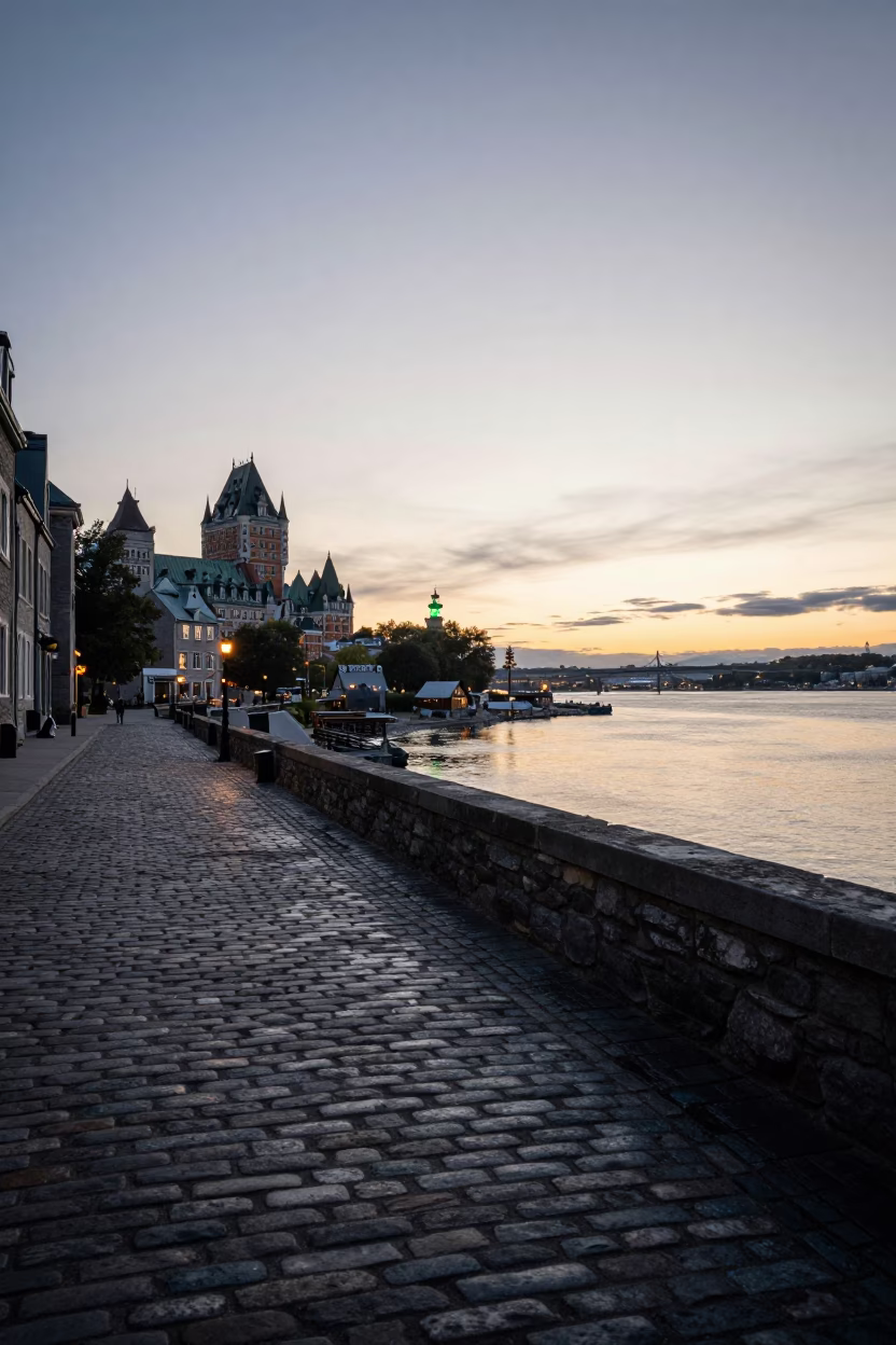 Nautical Dawn Light Over Quebec City Old Port Waterfront and Stone Embankment in in Quebec City, Quebec, Canada