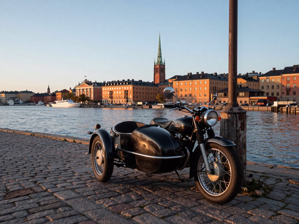 Nautical Dawn Light Over Stockholm Harbor With Vintage Motorcycle and Sidecar in in Stockholm, Sweden