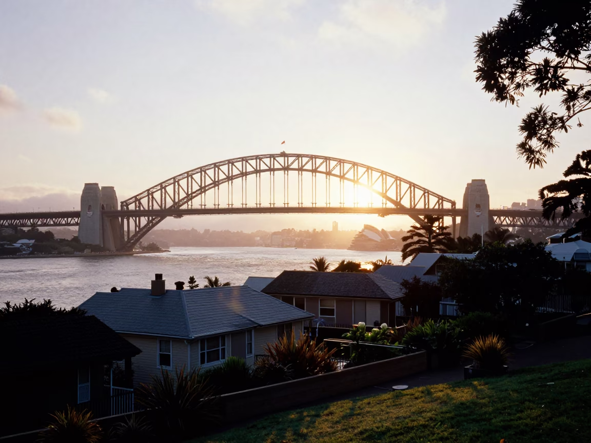 Nautical Dawn Light Over Sydney Harbour Viaduct Shadowing Allotment Gardens in in Sydney, New South Wales, Australia