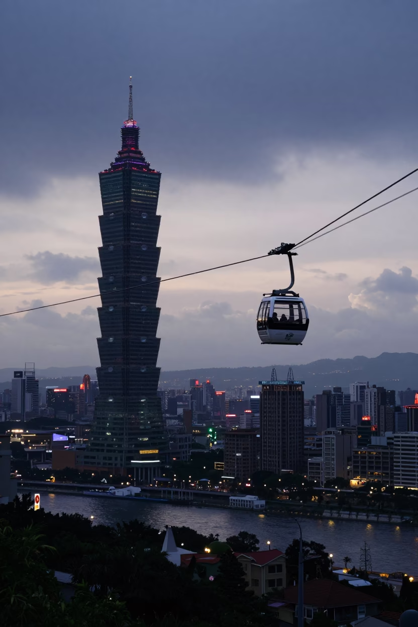 Nautical Dawn Light Over Taipei River Valley With Cable Car and Pigeons in in Taipei, Taiwan