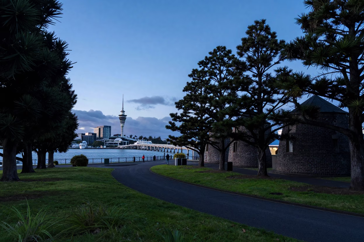 Nautical Dawn Light Over Viaduct Harbour and Cypress Trees in Auckland New Zealand in in Auckland, New Zealand