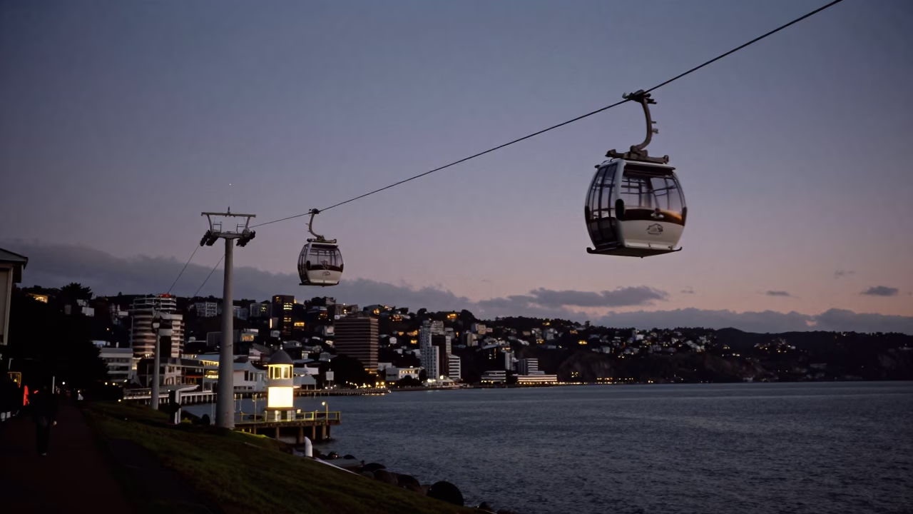 Nautical Dawn Light Over Wellington Harbour and Cable Car Track in in Wellington, New Zealand