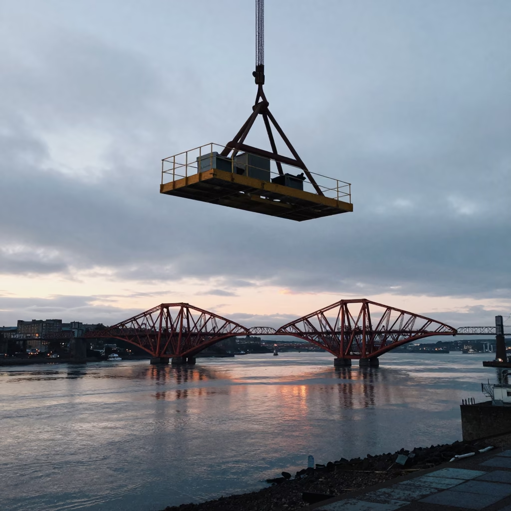 Nautical Dawn Light Reflecting Off Edinburgh Bridge Maintenance Cradle Above River Water in in Edinburgh, United Kingdom