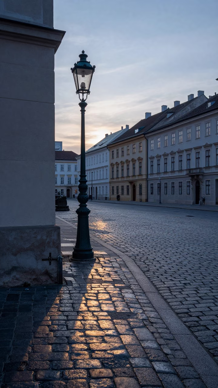 Nautical Dawn Light Reflecting Off Historic Vienna Cobblestones and Iron Street Furniture in in Vienna, Austria