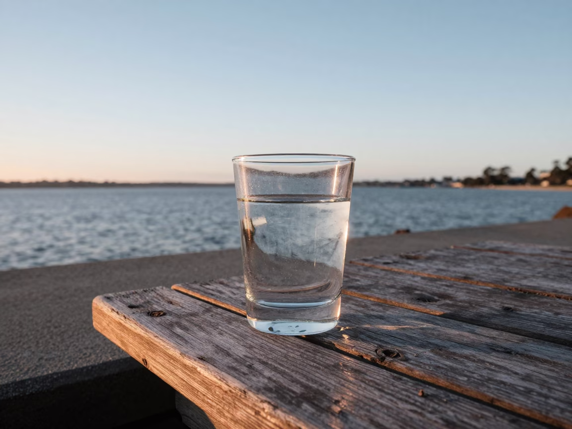 Nautical Dawn Light Reflecting on Glass Tumbler at Adelaide Waterfront Cafe in in Adelaide, South Australia, Australia