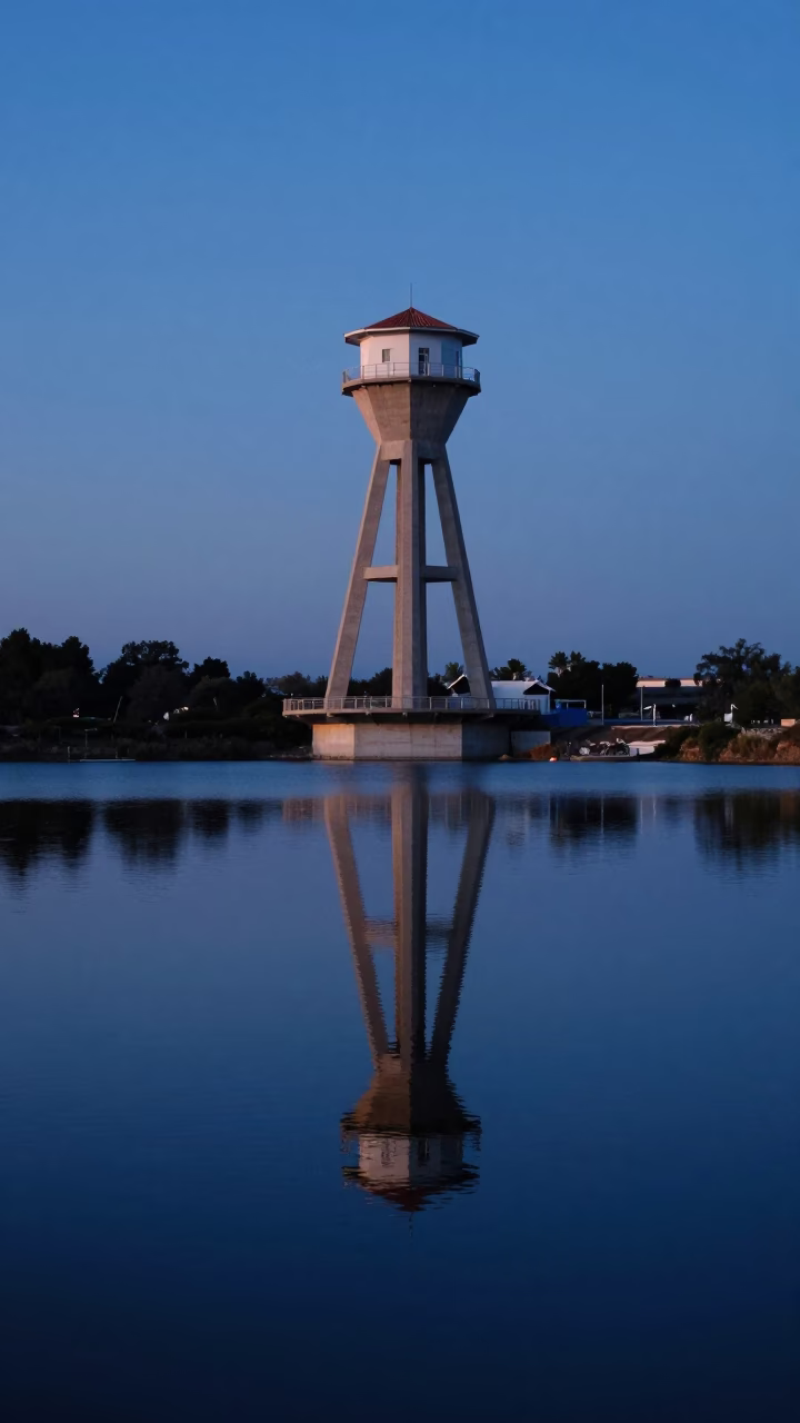 Nautical Dawn Light Reflecting on Still Reservoir Water in Valencia Spain in in Valencia, Spain