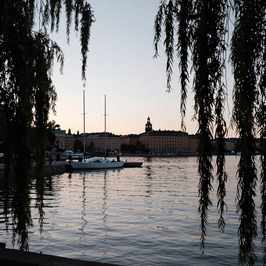 Nautical Dawn Light Reflecting on Stockholm Waterfront with Commuters and Willows in in Stockholm, Sweden