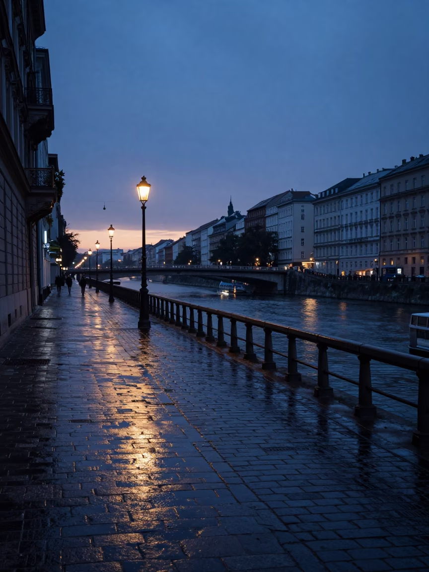 Nautical Dawn Light Reflecting on Vienna Cobblestones Near the Danube Canal in in Vienna, Austria