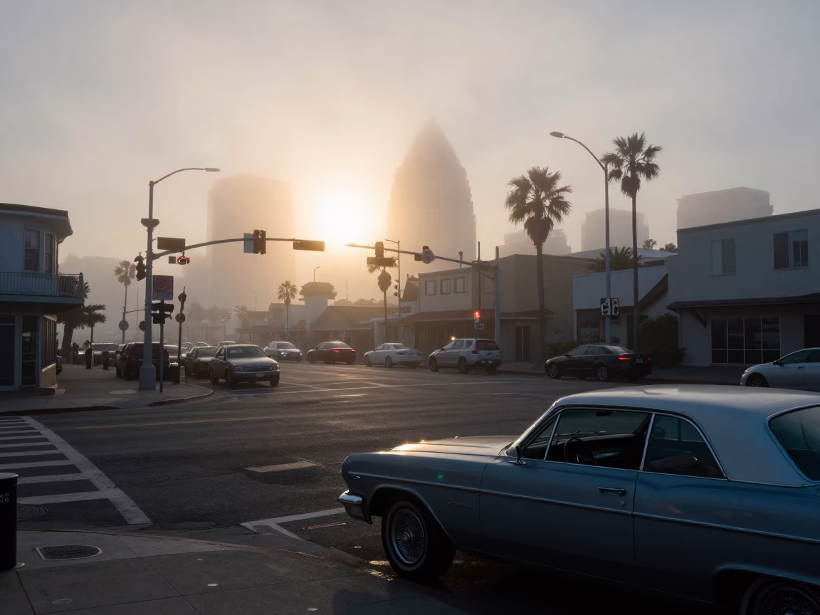 Nautical Dawn Light Reflects Off Fogged Window In San Diego Street Scene in in San Diego, California, United States