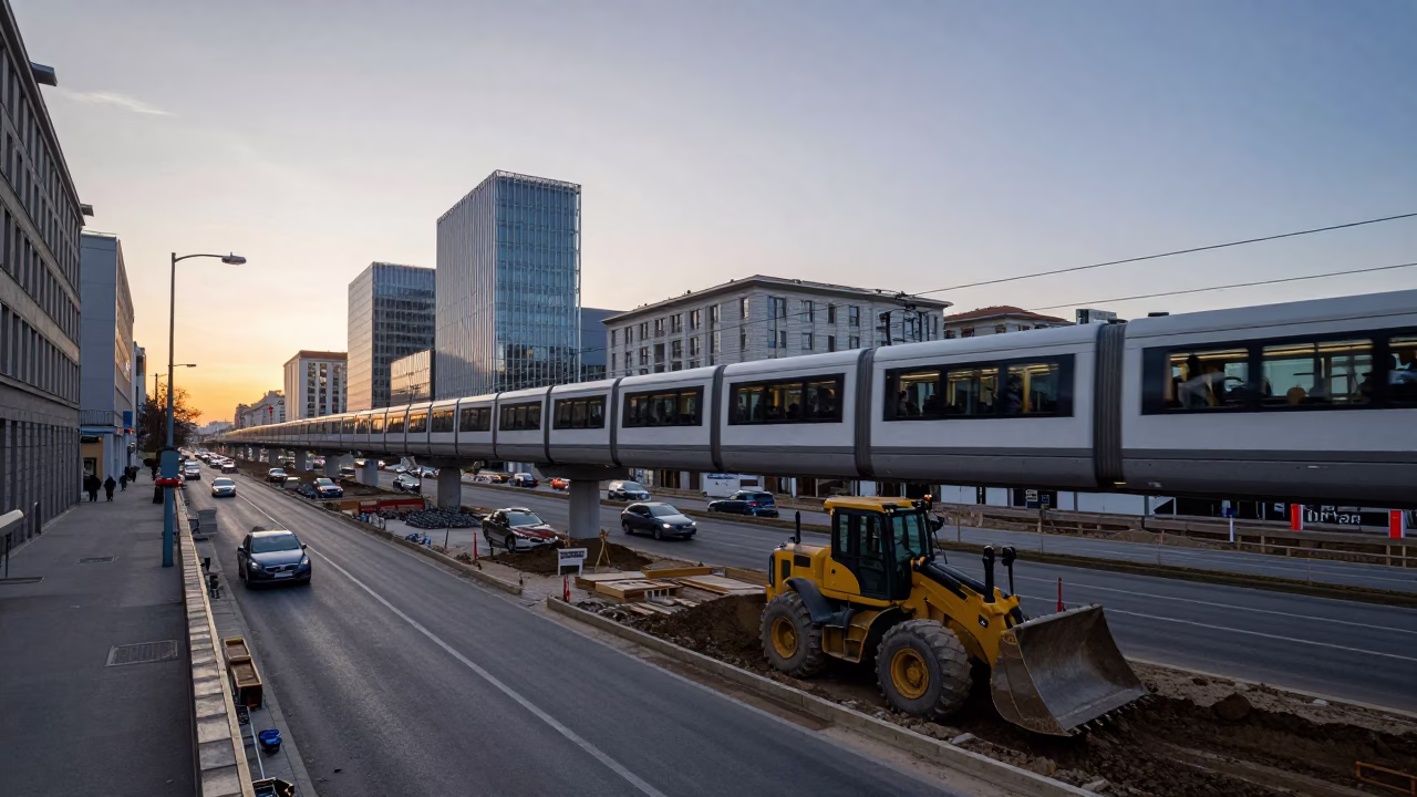 Nautical Dawn Monorail Above Busy Vienna City Street Construction Site in in Vienna, Austria
