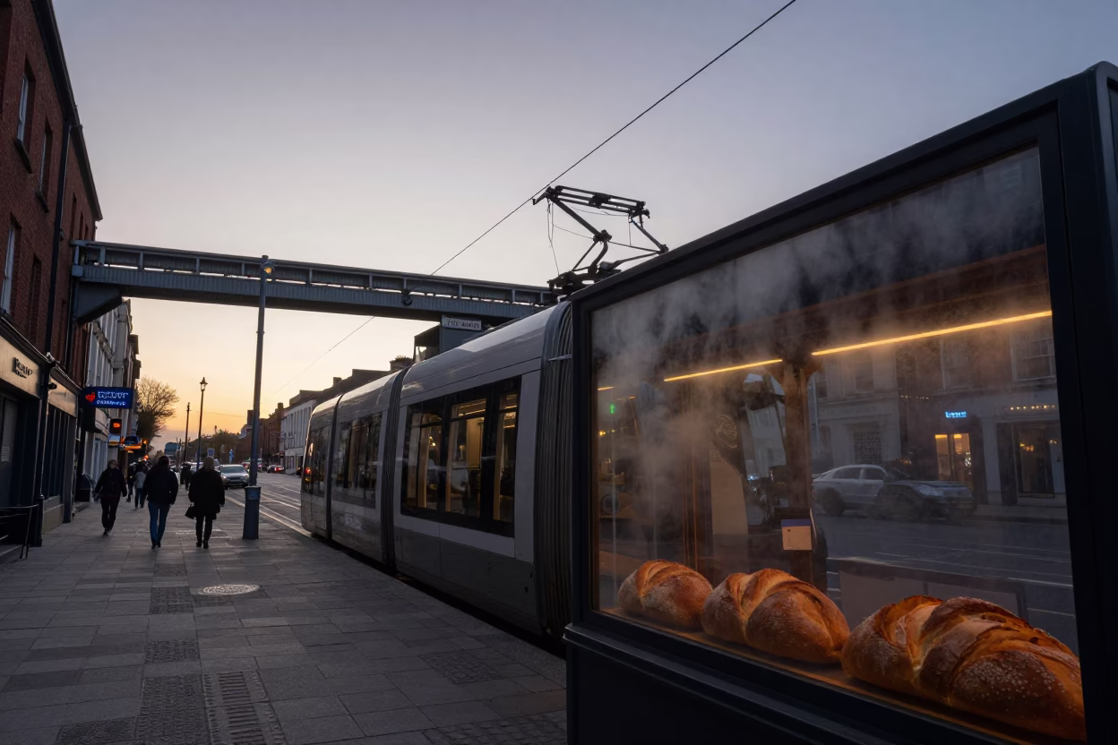 Nautical Dawn Monorail Over Dublin Street With Bread Loaves And Glass Tumblers in in Dublin, Ireland