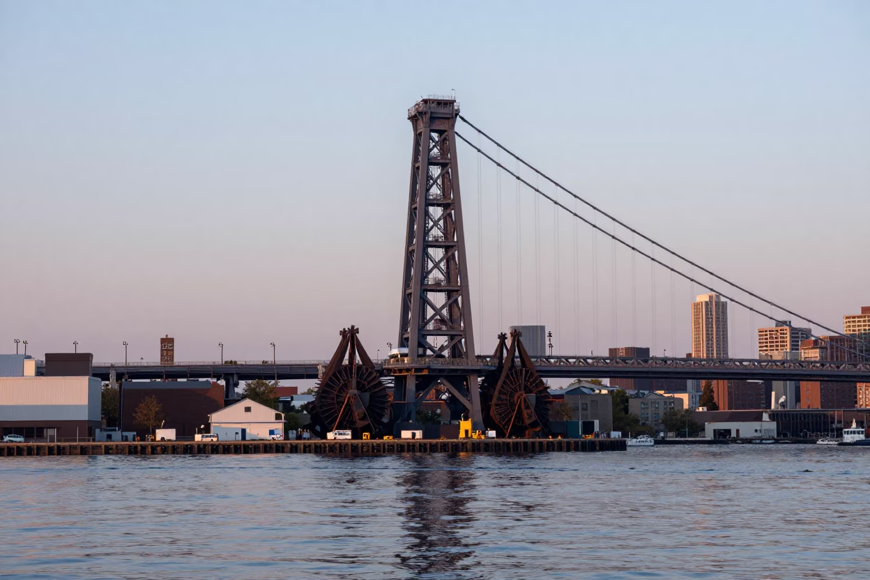 Nautical Dawn New York Harbor Drawbridge Counterweight Tower Reflected in Oil Slick Water in in New York, New York, United States