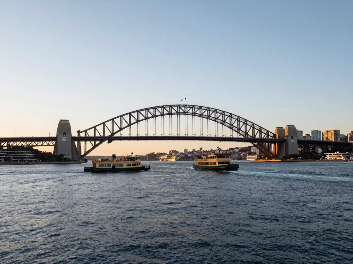 Nautical Dawn on Sydney Harbour with Early Morning Commuters and Ferry Traffic in in Sydney, New South Wales, Australia