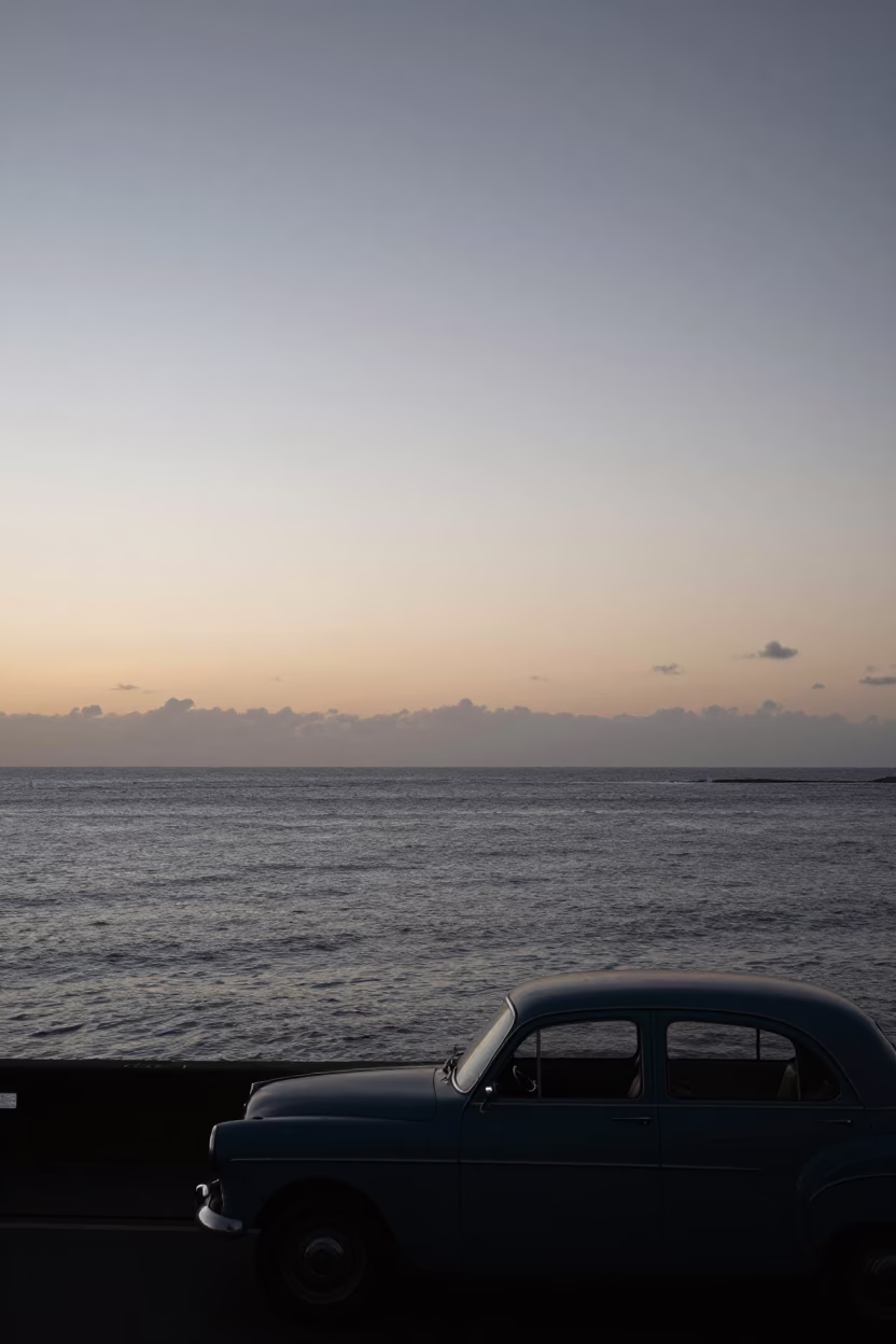 Nautical Dawn Over Durban Harbour With Vintage Car and Water Taxi in in Durban, South Africa