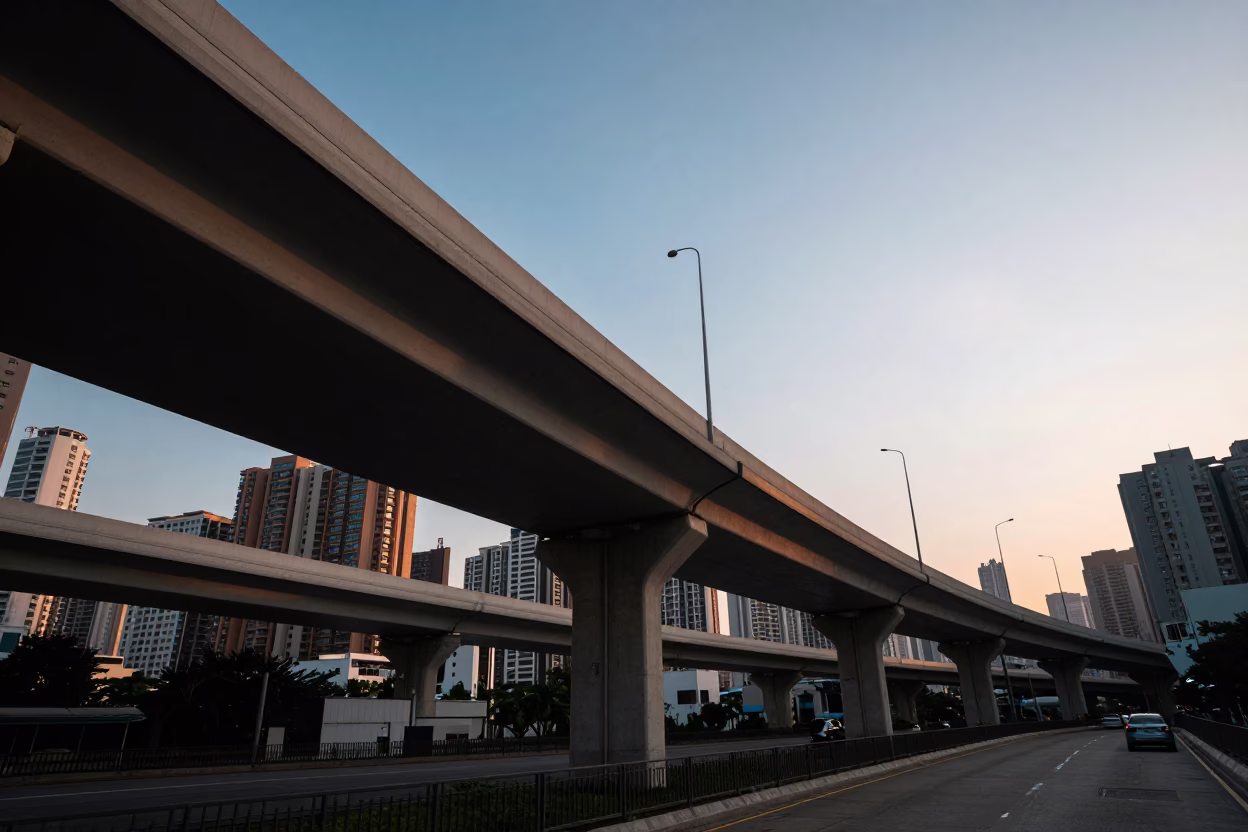 Nautical Dawn Over Hong Kong Overpass Interchange Ramp Slicing Across Violet Sky in in Hong Kong, Hong Kong