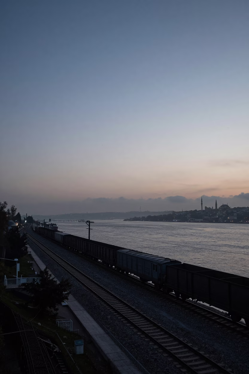 Nautical Dawn Over Istanbul Strait with Catenary Rails and Industrial Fog in in Istanbul, Turkey