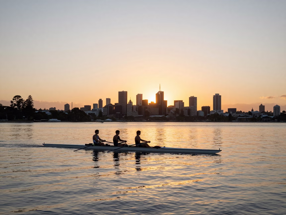 Nautical Dawn Over Melbourne Harbour with Rowing Shell and Harbor Light in in Melbourne, Victoria, Australia