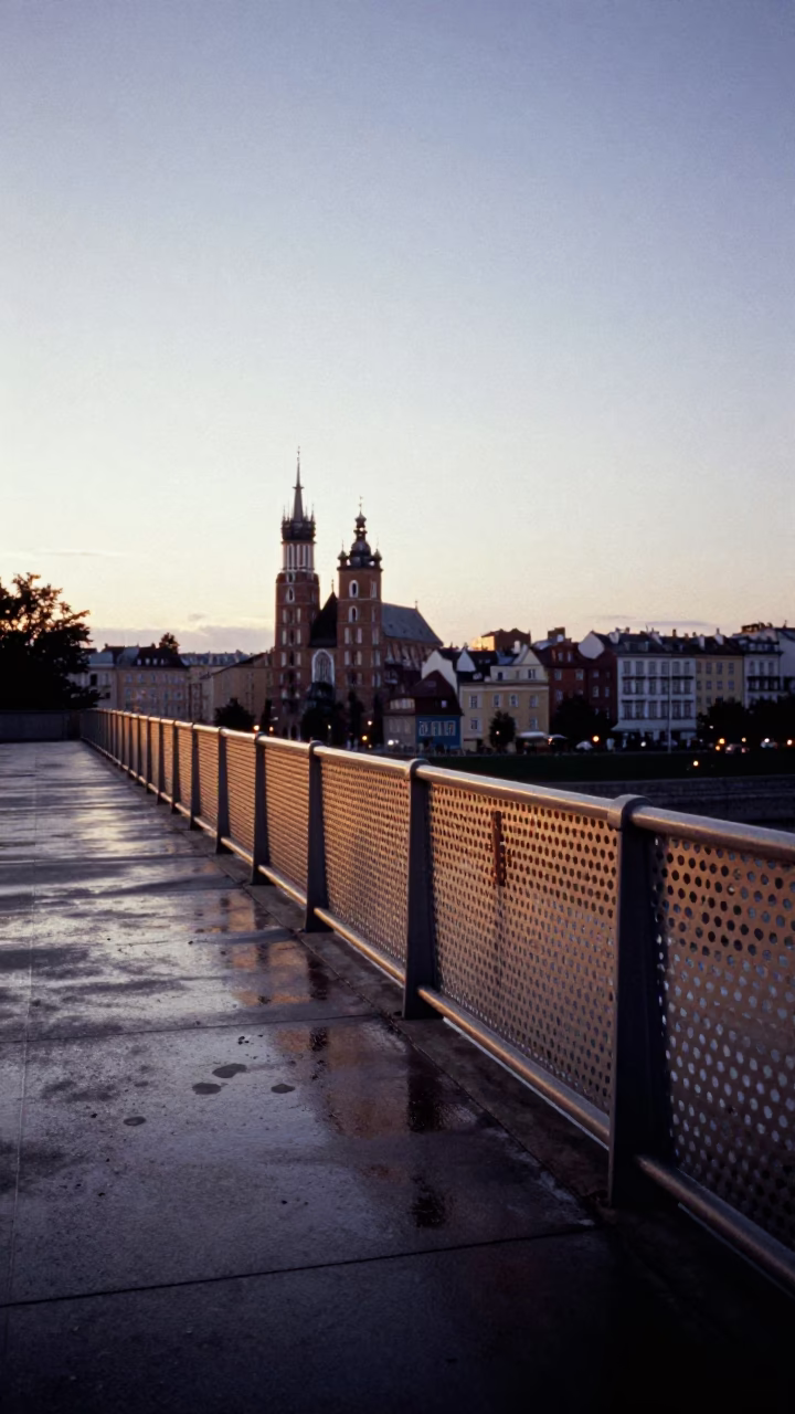 Nautical Dawn Pedestrian Overpass with Perforated Metal and Wet Footsteps in Krakow Poland in in Krakow, Poland