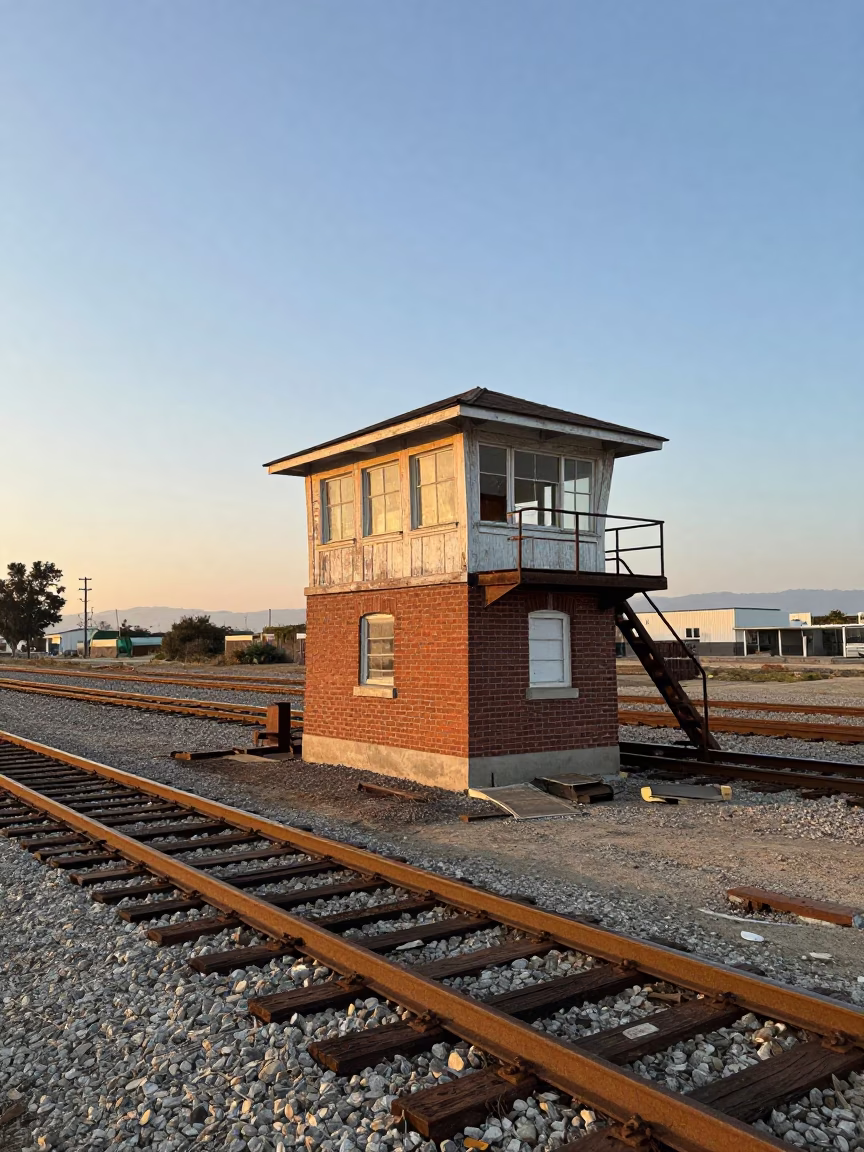 Nautical Dawn Railway Signal Cabin Beside Switch Tracks in Los Angeles California in in Los Angeles, California, United States