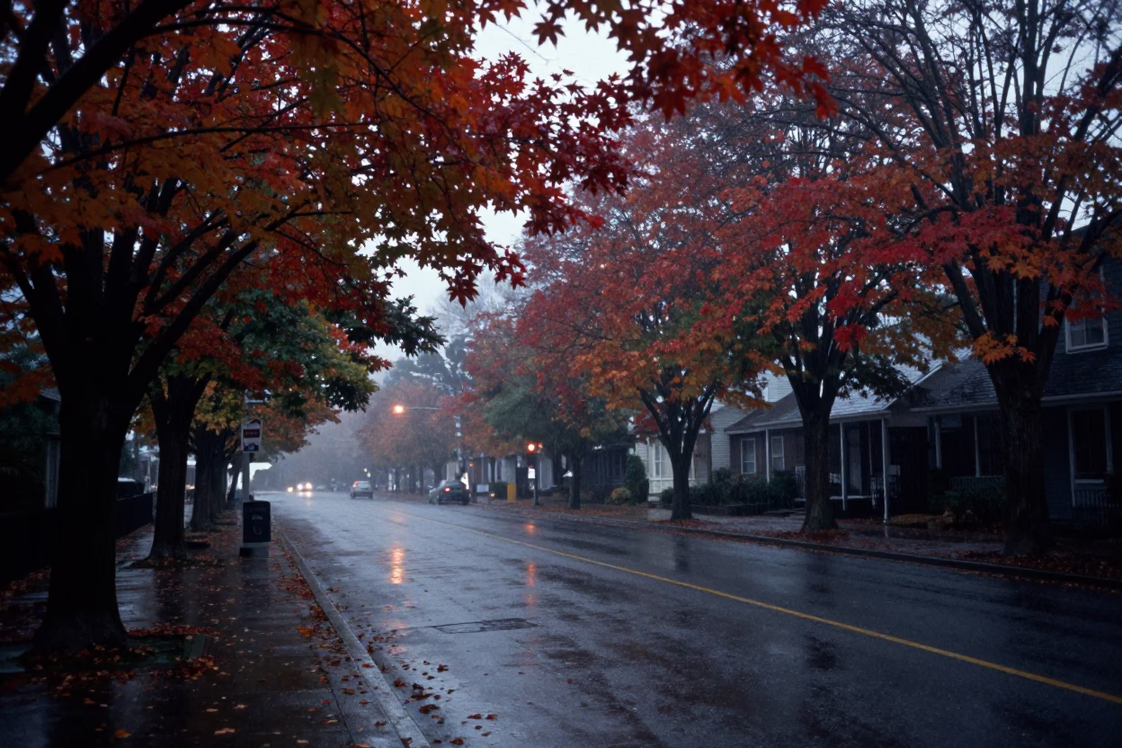 Nautical Dawn Rain on Portland Street with Autumn Maple Leaves and Wet Asphalt in in Portland, Oregon, United States