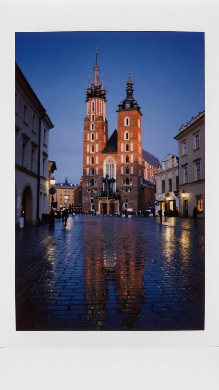 Nautical Dawn Reflections on Wet Cobblestones in Krakow Old Town Poland in in Krakow, Poland