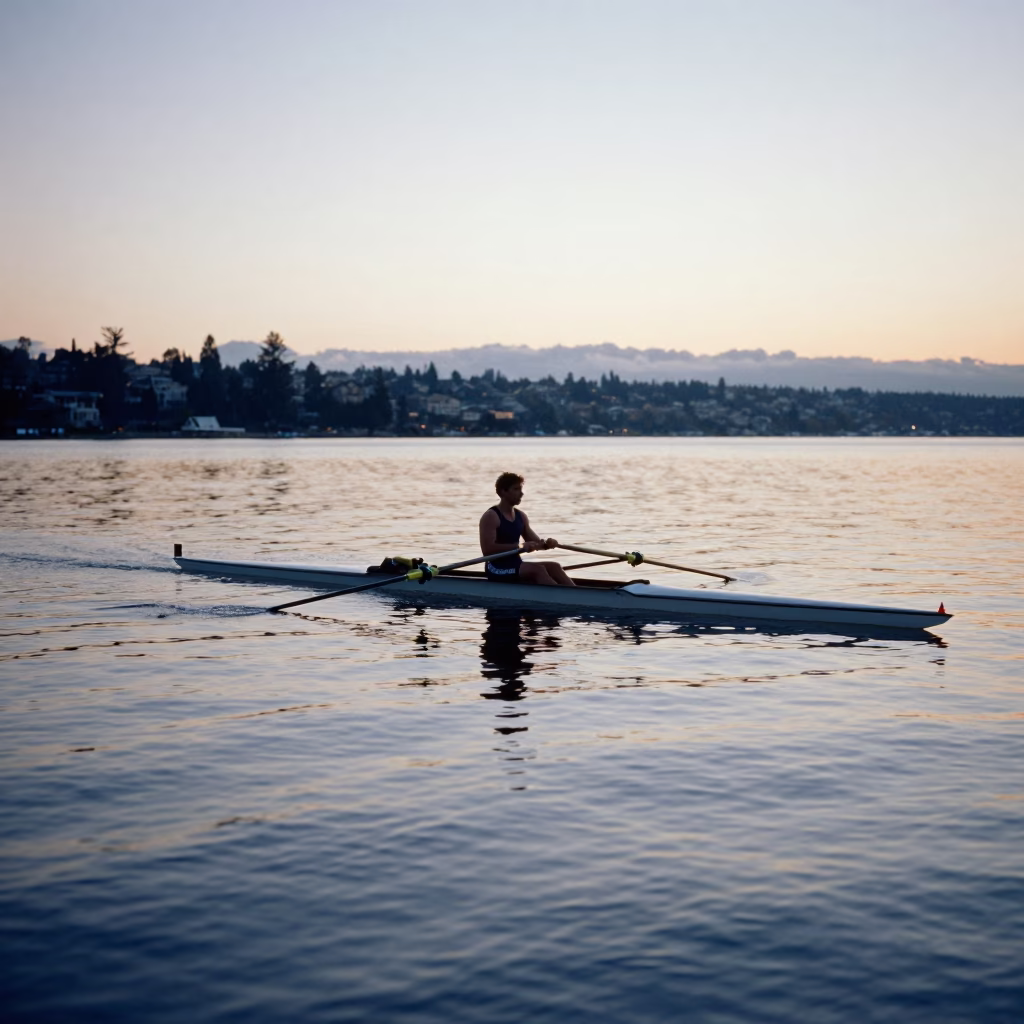 Nautical Dawn Rowing Shell on Lake Union Seattle Washington with Blue Plumbago Hedge in in Seattle, Washington, United States