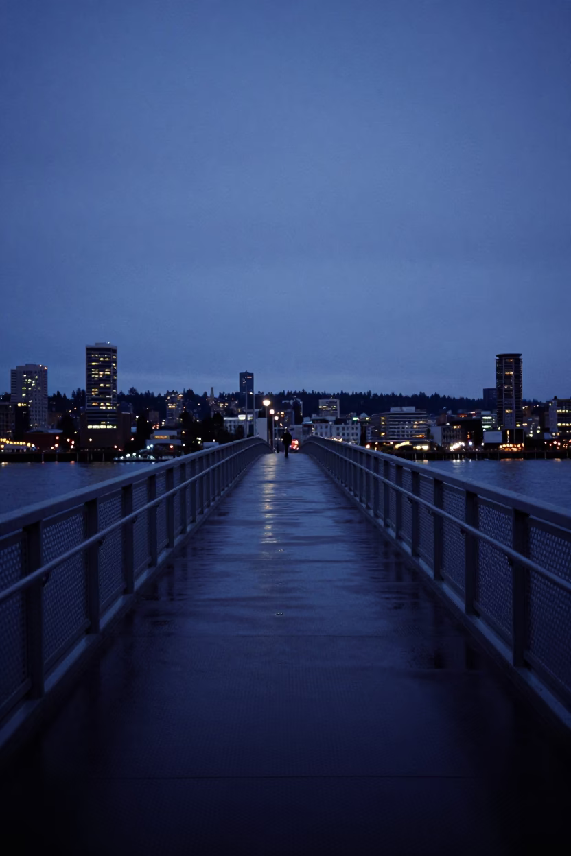 Nautical Dawn Seattle Bridge Pedestrian Overpass Wet Footsteps Urban Atmosphere in in Seattle, Washington, United States
